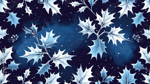 Winter Holly Leaves with Snowflakes on Dark Blue Background.