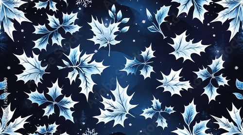 Winter Maple and Holly Leaves Seamless Pattern.