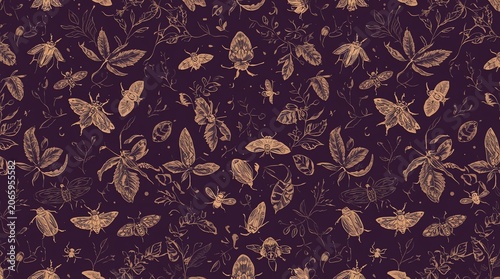 Vintage Botanical Insect Pattern Dark Background.