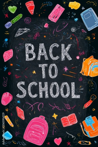 Back to school design with various school supplies and colorful drawings on a black chalkboard background