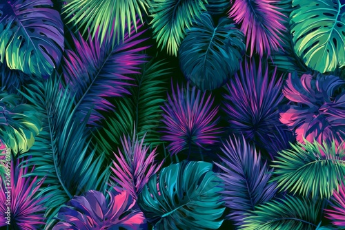 Colorful tropical leaves in a dense background during the night