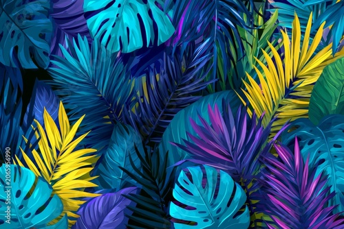 Colorful leaves create a vibrant pattern in a tropical garden during daytime hours