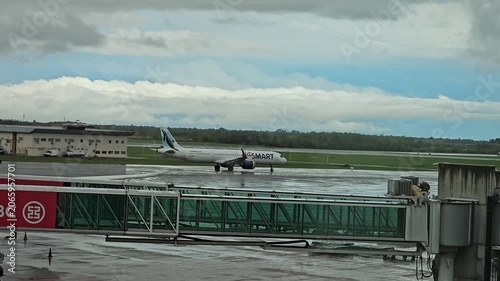 Buenos Aires, Argentina - April 21, 2026: JetSMART passenger aircraft taxiing on a rain-soaked apron at Ezeiza International Airport. Editorial aviation footage showing commercial air transport operat