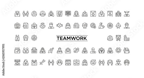 Minimalist teamwork and business collaboration outline icon set containing various corporate symbols