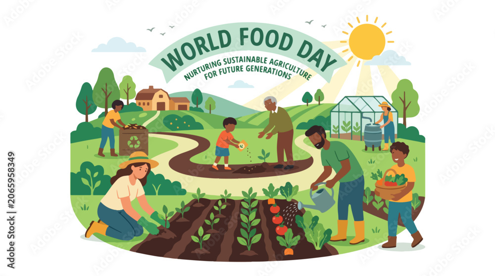 Fototapeta premium Community garden scene celebrating World Food Day with diverse people planting vegetables and enjoying outdoor