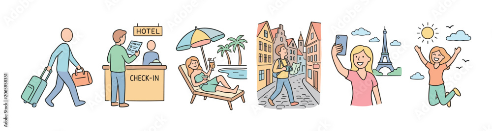 Obraz premium Happy individuals engaging in diverse travel and vacation experiences, from hotel check-in to exploring new destinations and relaxing by the pool.