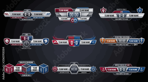 Futuristic esports scoreboard templates set with team versus bars and match statistics graphics for broadcast