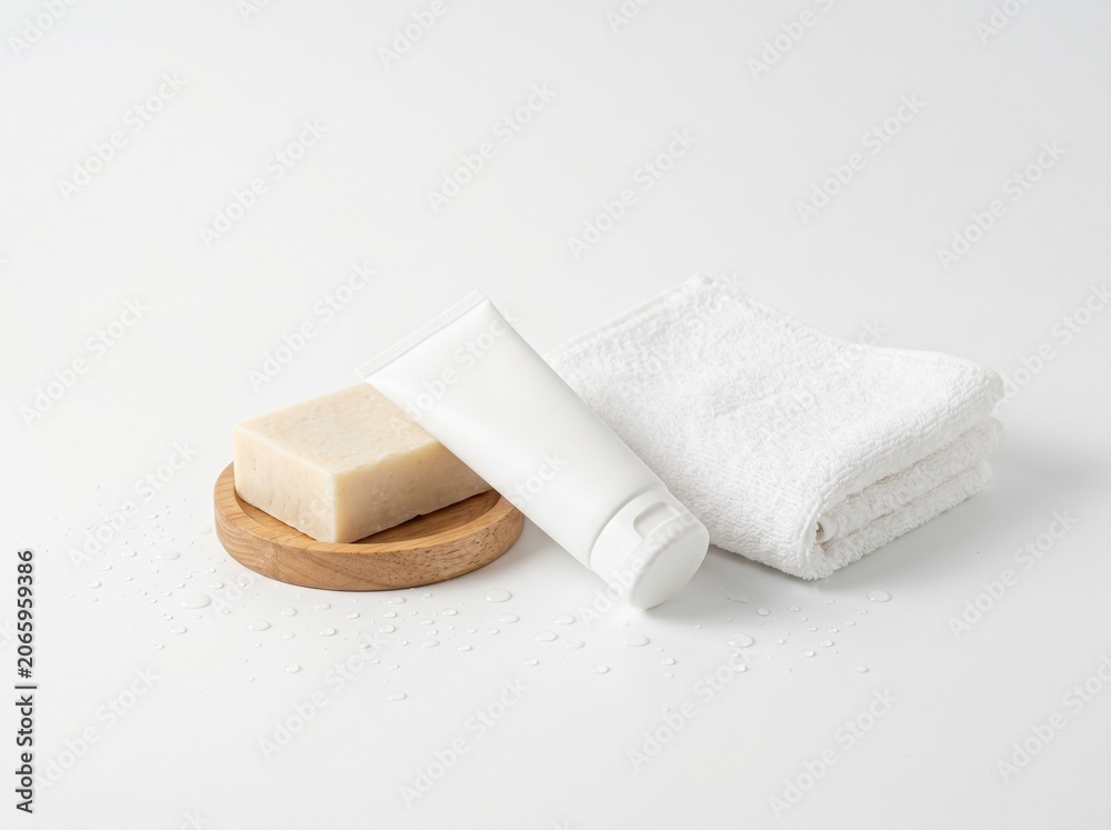 Fototapeta premium Hygiene essentials: A simple composition of soap on a wooden dish, a tube of cream or lotion, and a clean folded towel, representing a serene and clean bathroom setup.