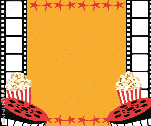 Cuadro en lienzo Yellow movie night poster template with filmstrip borders popcorn buckets stars