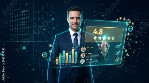A businessman interacts with a futuristic digital dashboard displaying customer evaluation and performance charts, business analytics, high customer satisfaction scores, and data visualization.