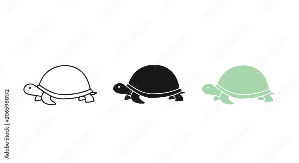Fototapeta premium Cute cartoon turtles in different colors walking on a white background for children or educational content