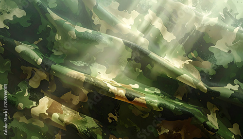 A green camouflage fashion pattern with dramatic light rays and glass overlay