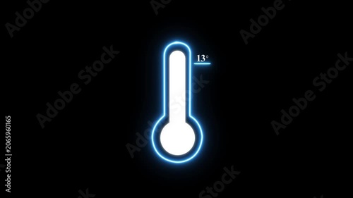 A glowing white thermometer with a blue neon outline indicating a temperature reading of thirteen degrees celsius on a solid black background