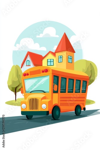 Colorful bus drives on a road past houses in a bright environment with trees and clouds in the background