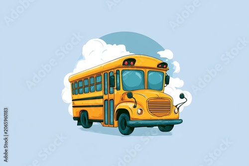 Yellow school bus moving through a blue sky with clouds during the day