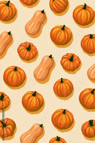 Colorful pattern with pumpkins and squashes on a light background for autumn decoration or harvest theme