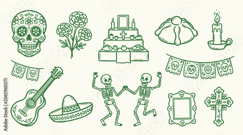 Fotografie Day of the Dead celebration icons including sugar skull, marigolds, guitar, and dancing skeletons