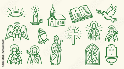 Quadro su tela Collection of Christian religious symbols and icons including a church, cross, halo, angel, dove, candle, and Bible