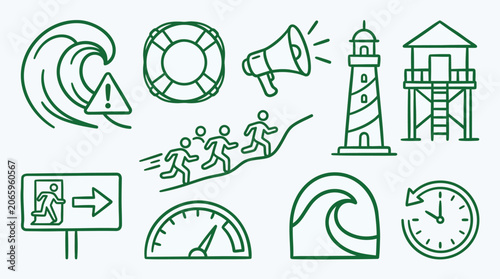 Set of icons representing tsunami warning and safety measures, including waves, lifebuoy, megaphone, lighthouse, evacuation route, running people, and clock.