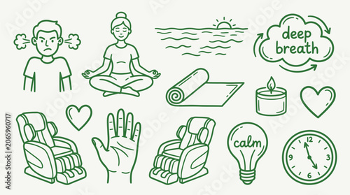 Fotografie Collection of icons representing relaxation, meditation, and stress relief techniques for well-being