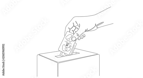 Hand depositing multiple cards, including a credit card and an ID, into a box, symbolizing finance, investment, or personal contribution on an isolated white background.