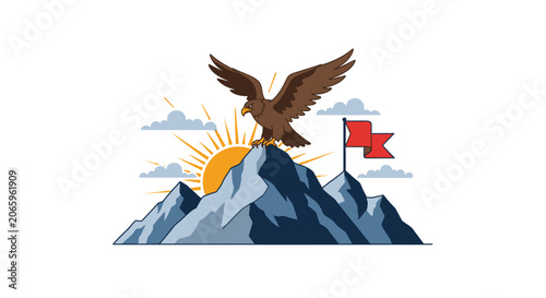 Eagle mascot vector illustration with spread wings perched on a rocky mountain peak against a sunrise and clouds, featuring a red flag on a secondary summit on white background.