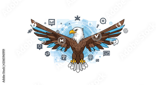Vector illustration of a bald eagle mascot with spread wings, integrated with futuristic technology icons, digital interface elements, and data analytics symbols on a white background.