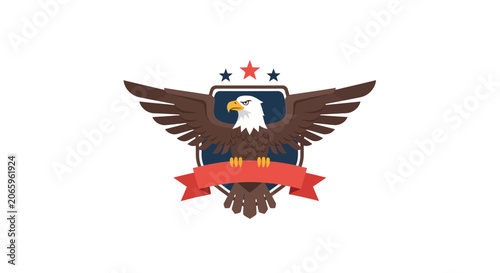 Bald eagle mascot logo with outspread wings perched on a red banner over a blue shield, featuring three stars above on white background, flat patriotic vector illustration design.