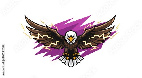 Bald eagle mascot vector illustration with outspread brown wings, white head, sharp talons, and yellow lightning bolts set against a purple splash background for esport team logo design.