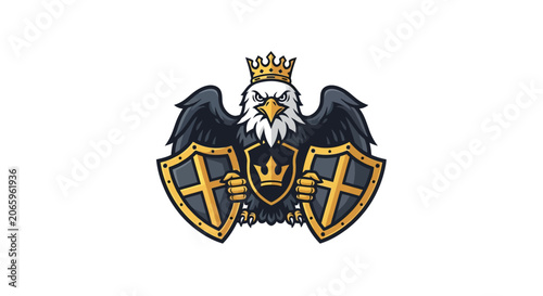 Regal bald eagle mascot illustration wearing a golden crown and holding two heraldic shields with crosses, featuring a central chest crest on a clean white background vector design.