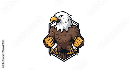 Bald eagle mascot illustration with brown feathers, white head, and yellow beak. Aggressive pose with clenched talons on a hexagonal frame background. Isolated on white background vector art.