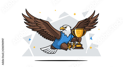 Stylized vector illustration of a bald eagle sports mascot in flight, wearing a blue shirt and clutching a gold trophy cup with a star, isolated on a white background with geometric shapes.