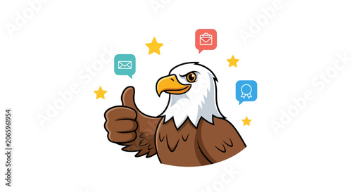 Vector illustration of a friendly bald eagle mascot giving a thumbs up, surrounded by golden stars and flat icons for email, business, and achievement on a white background.