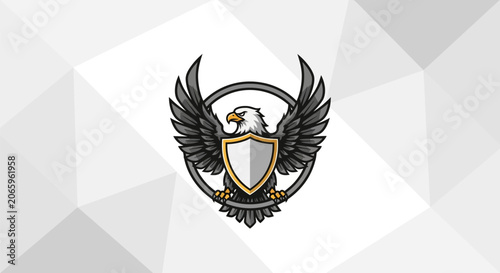 Vector eagle mascot logo with wings spread, holding a crest shield inside a circular frame, white and grey color scheme on a geometric low-poly background for sports teams.