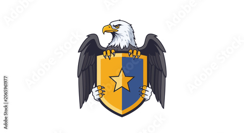 Vector illustration of a bald eagle mascot holding a blue and gold shield with a central star. Bird of prey with spread wings and yellow talons isolated on a white background.
