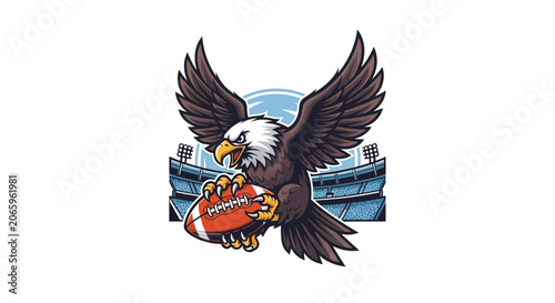 Vector illustration of an aggressive bald eagle sports mascot gripping an American football in its talons, flying over a detailed stadium arena with floodlights on white background.