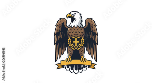 Bald eagle mascot vector illustration with spread wings, featuring a central gold shield with a cross, laurel wreath detail, and a yellow banner ribbon at the bottom on white.