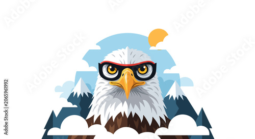 Vector illustration of a bald eagle mascot wearing black and red glasses, positioned against a background of snowy mountains, clouds, and a sun icon on white.