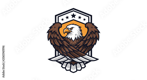 Aggressive bald eagle mascot vector illustration with crossed wings in front of a sports shield crest featuring five stars and yellow background, isolated on white background.