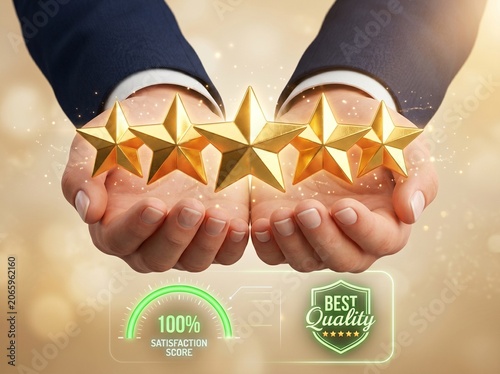 Businessmen's hands holding five gold stars as a symbol of excellent quality, 100% customer satisfaction, and certified excellence.