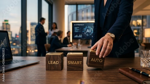 Hand arranging word cubes for business strategy in office meeting