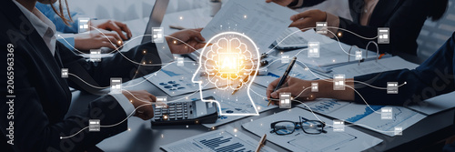 Canvastavla Business Meeting with Data Analysis and Artificial Intelligence Concept, Team Collaboration on Project Presentations, and Digital Brain Visualization Trope