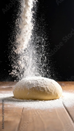 Fresh dough ball on rustic wooden surface with falling flour, baking process, bread preparation, cooking food, culinary photography