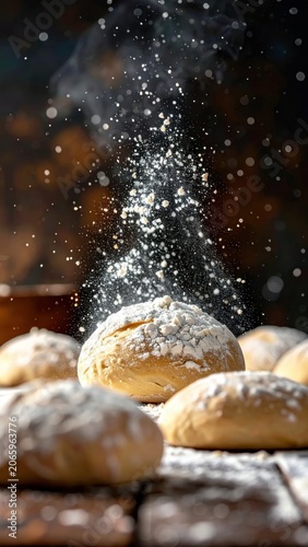 Freshly baked bread rolls with dusting of powdered sugar or flour, rustic bakery table setting, festive holiday baking, warm cozy atmosphere