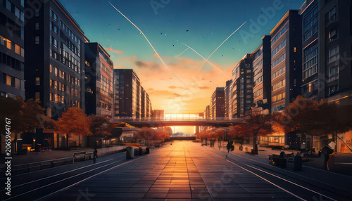 City Street at Sunset with Bridge and Buildings