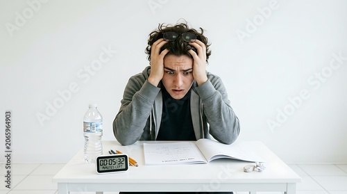 A stressed student sitting at a desk with a clock and book