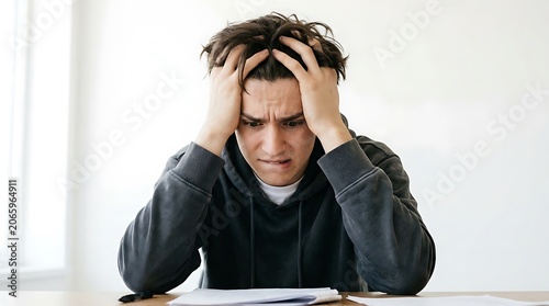 Young man sitting at a desk looking stressed and frustrated isolated on white background