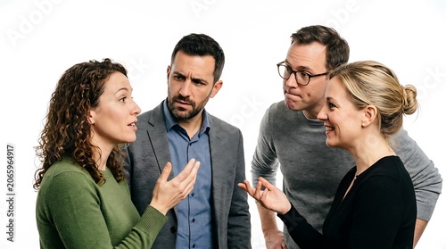 Four people engaged in a conversation isolated on white background