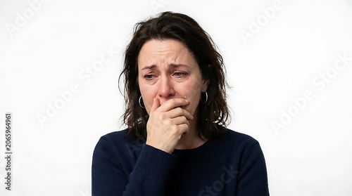 Woman with dark hair and navy sweater looking worried isolated on white background