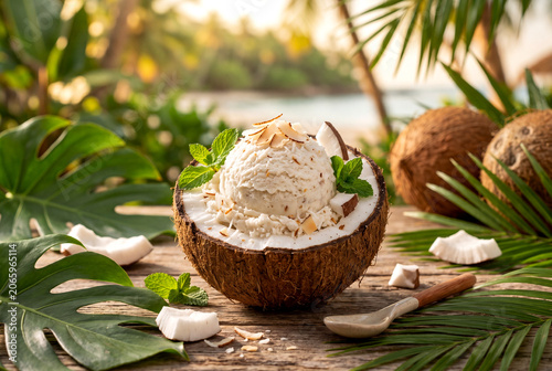 Coconut Ice Cream in Tropical Summer Setting